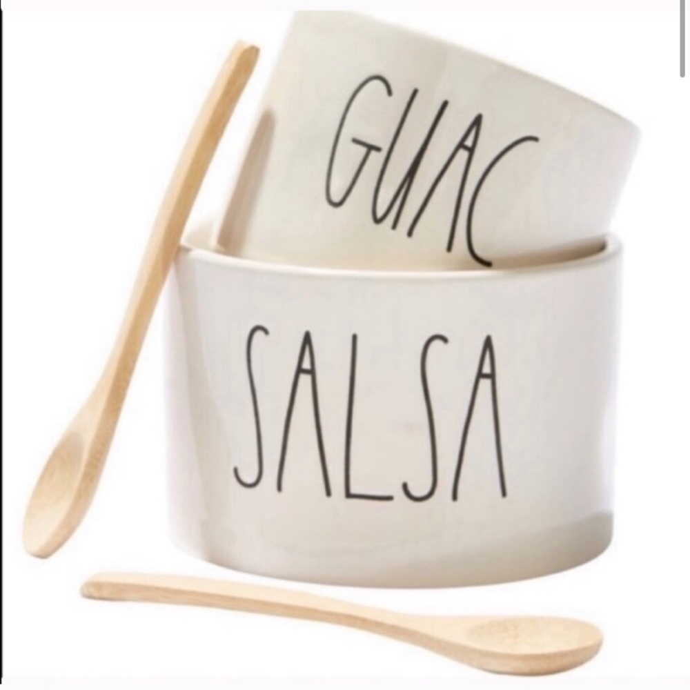 Rae Dunn Guac & Salsa bowl/bamboo spoon set NIB